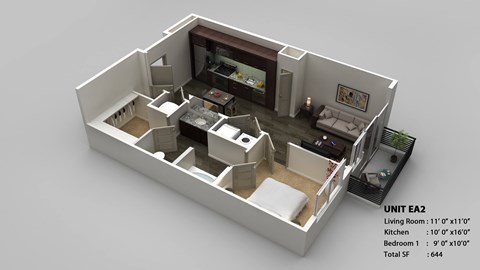 Floor plan for 1 bed, 1 bath, 644 sqft